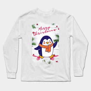 Merry Christmas Penguin with Skateboard Long Sleeve T-Shirt